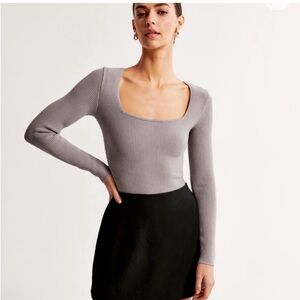 NEW Abercrombie & Fitch Square Neck Rib Long Sleeve Bodysuit Top Shirt Sweater